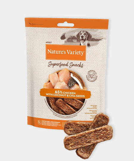       Natures-variety-friandises-pour-chien-chiot-superfood-poulet-graines-de-chia-coco