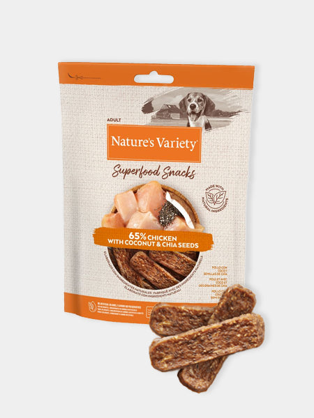       Natures-variety-friandises-pour-chien-chiot-superfood-poulet-graines-de-chia-coco